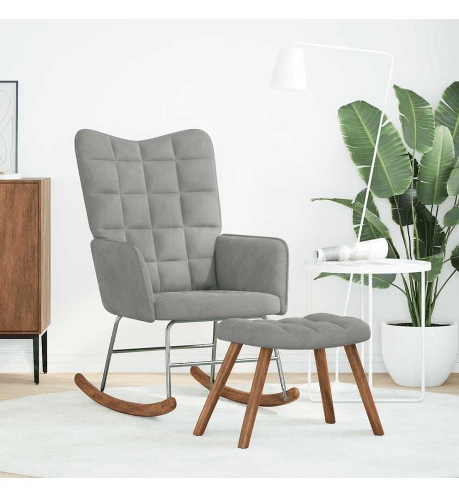 Chaise à bascule avec tabouret en velours gris clair