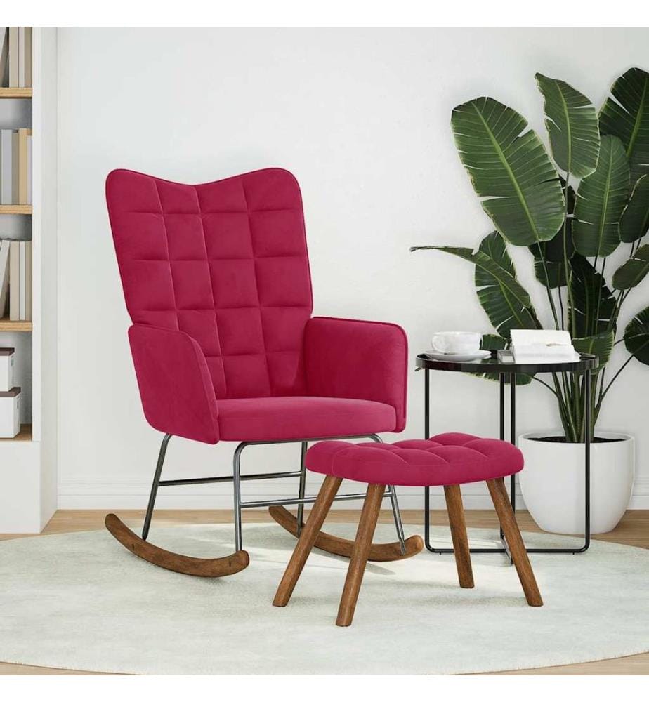 Chaise à bascule avec repose-pied rouge bordeaux velours