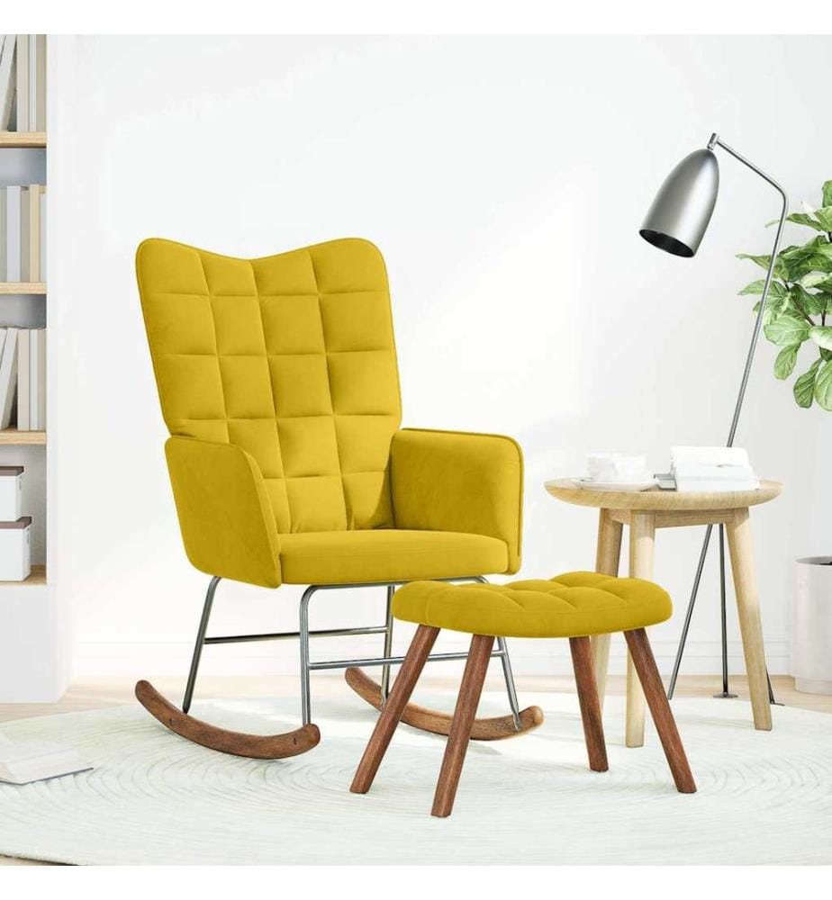 Chaise à bascule avec tabouret en velours jaune
