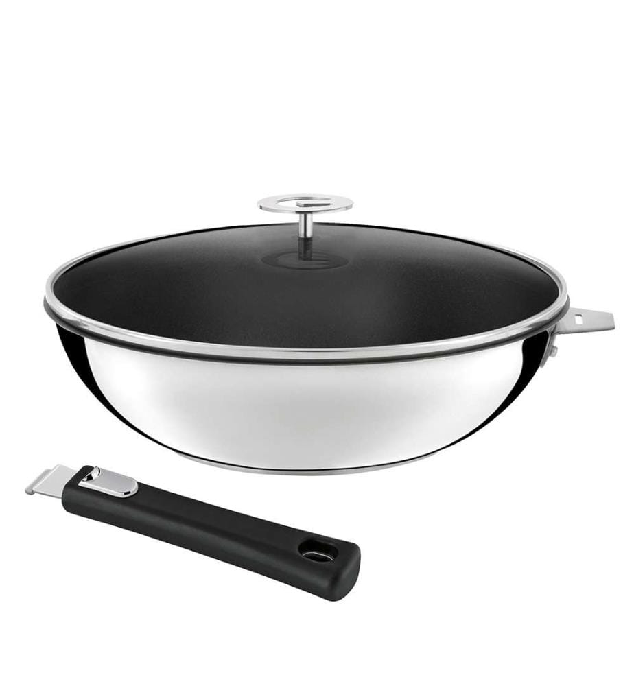Malice - Wok da 28 cm con rivestimento in ceramica, coperchio e manico neri