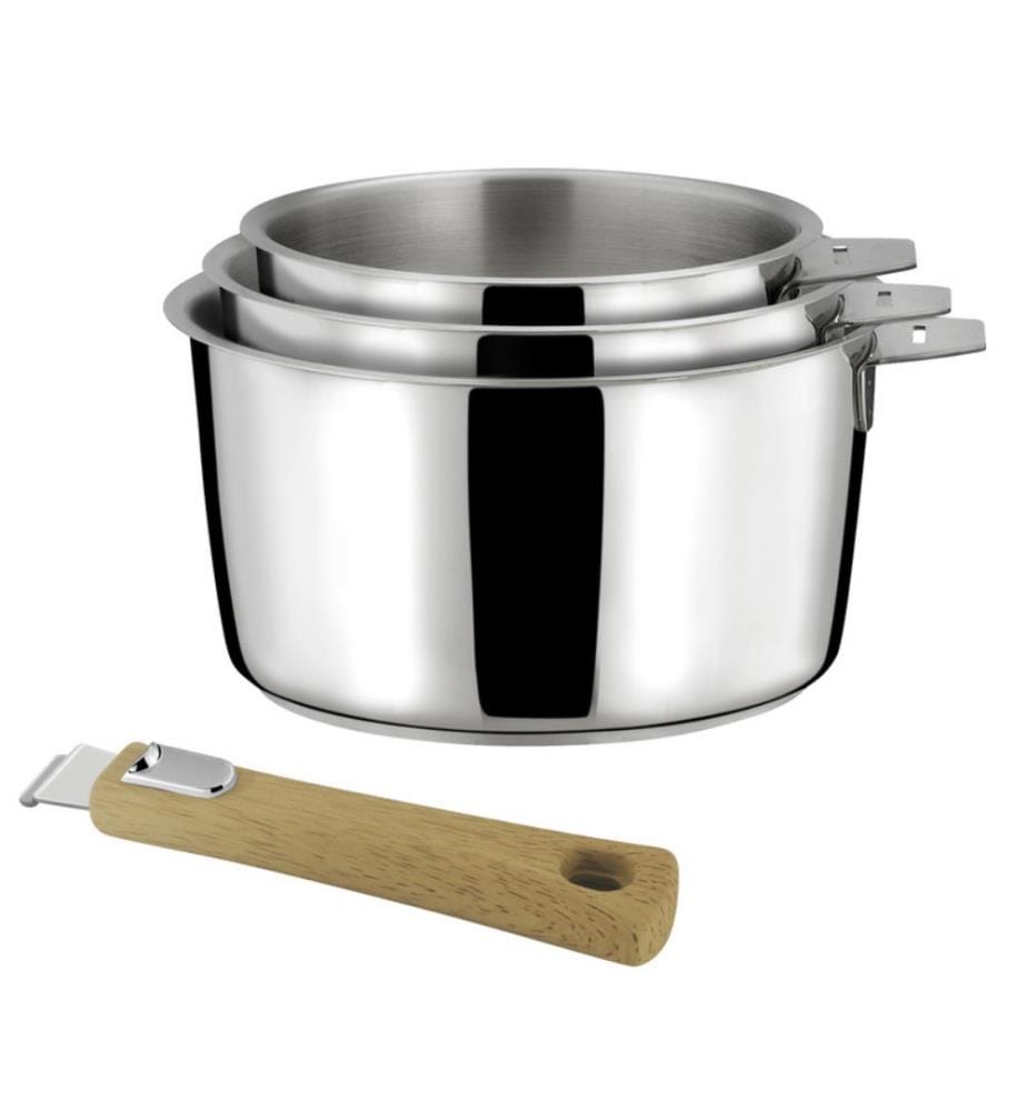 Malice Set di 3 pentole in acciaio inox da 16/18/20 cm con manico effetto legno chiaro