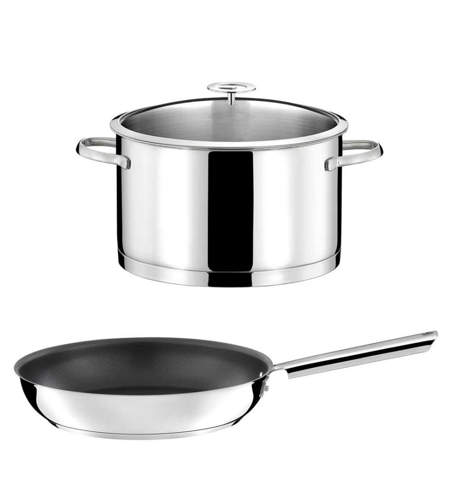 Eliseo - 1 casseruola in acciaio inox da 24 cm con coperchio e 1 padella da 28 cm rivestita in ceramica