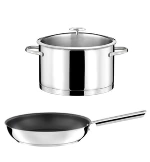 Eliseo - 1 casseruola in acciaio inox da 24 cm con coperchio e 1 padella da 28 cm rivestita in ceramica