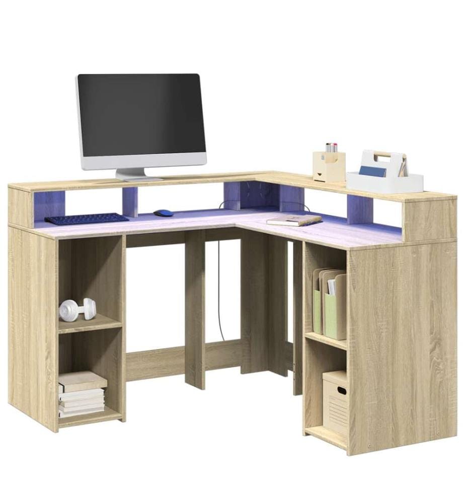 LED-Schreibtisch Sonoma-Eiche 130x130x91 cm Holzwerkstoff