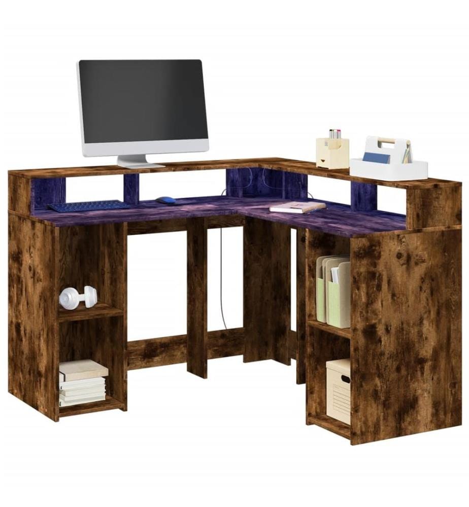 LED-Schreibtisch Räuchereiche 130x130x91 cm Holzwerkstoff
