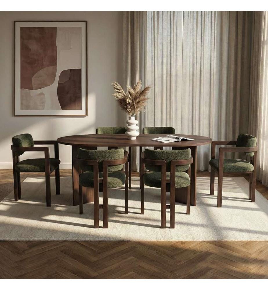 Esstisch & Stühle Set (7 Teile) - Milano Nussbaum Dunkel Nussbaum Grün