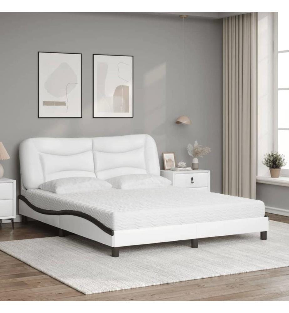 Bett mit Matratze Weiss und Schwarz 160x200 cm Kunstleder