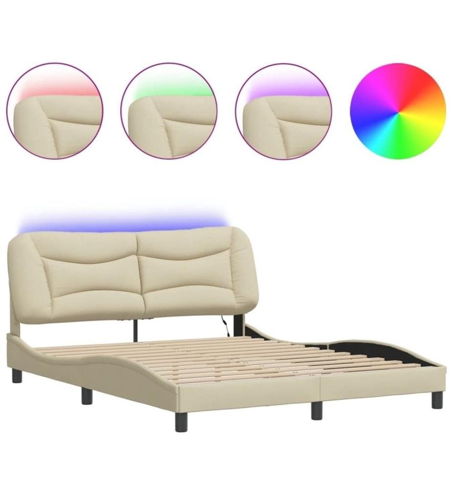 Cadre de lit avec lumières LED crème 160 x 200 cm tissu