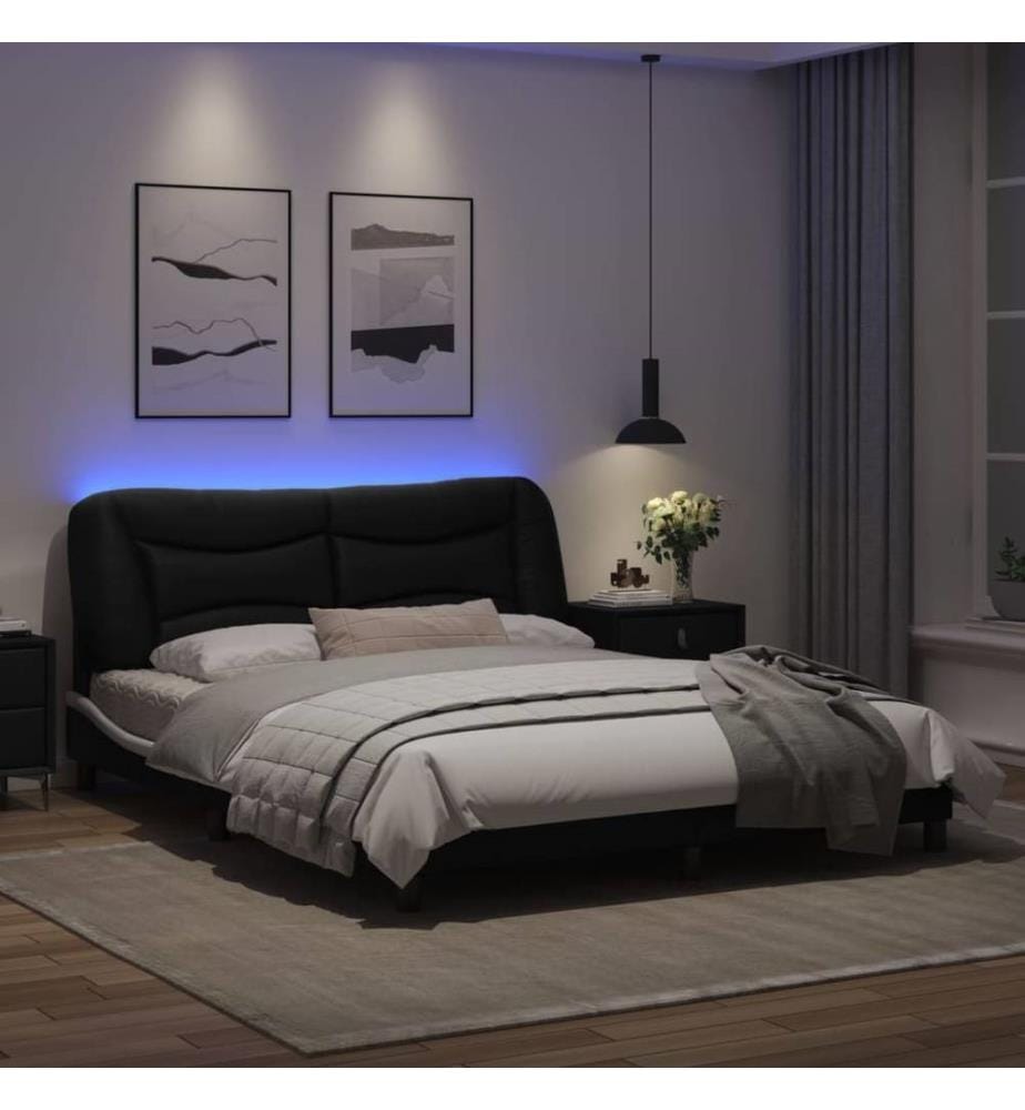 Cadre de lit avec lumières LED noir blanc 160x200 cm similicuir