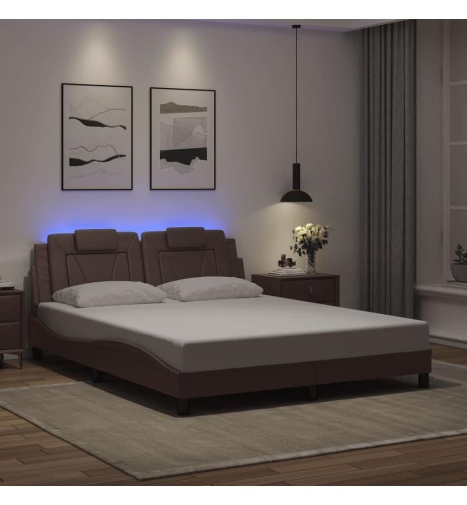 Cadre de lit avec lumières LED marron 160x200 cm similicuir