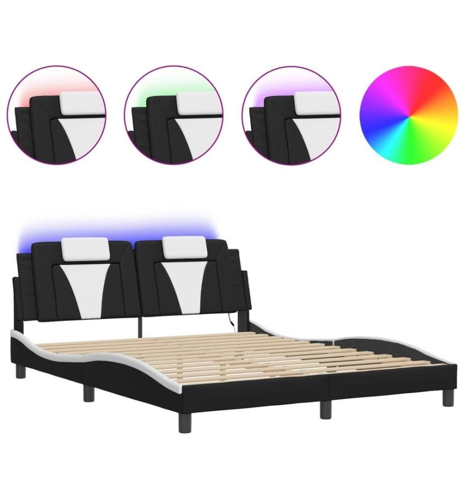 Bettgestell mit LED Schwarz und Weiss 160x200 cm Kunstleder