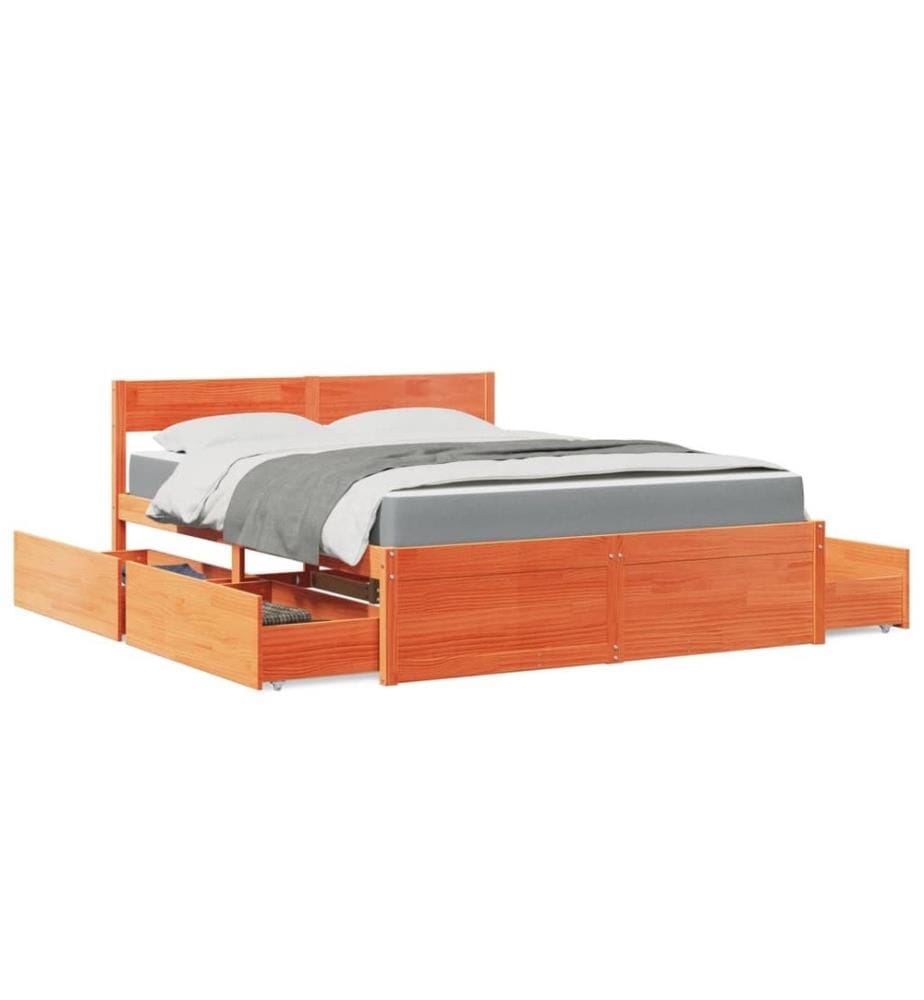Bett mit Schubladen und Matratze Wachsbraun 140x200 Massivholz