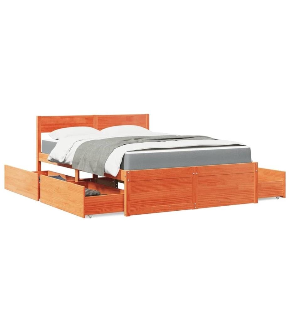 Lit avec tiroirs/matelas cire marron 140x190 cm bois massif pin