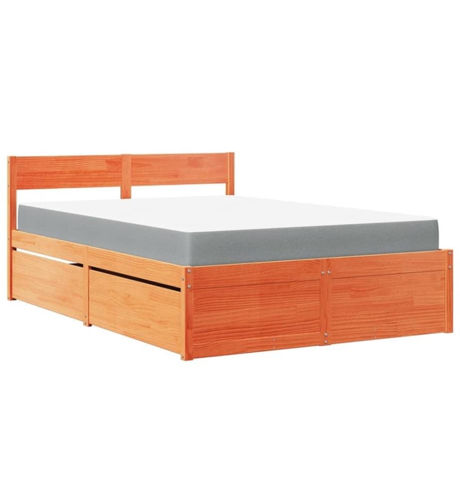 Lit avec tiroirs/matelas cire marron 140x190 cm bois massif pin