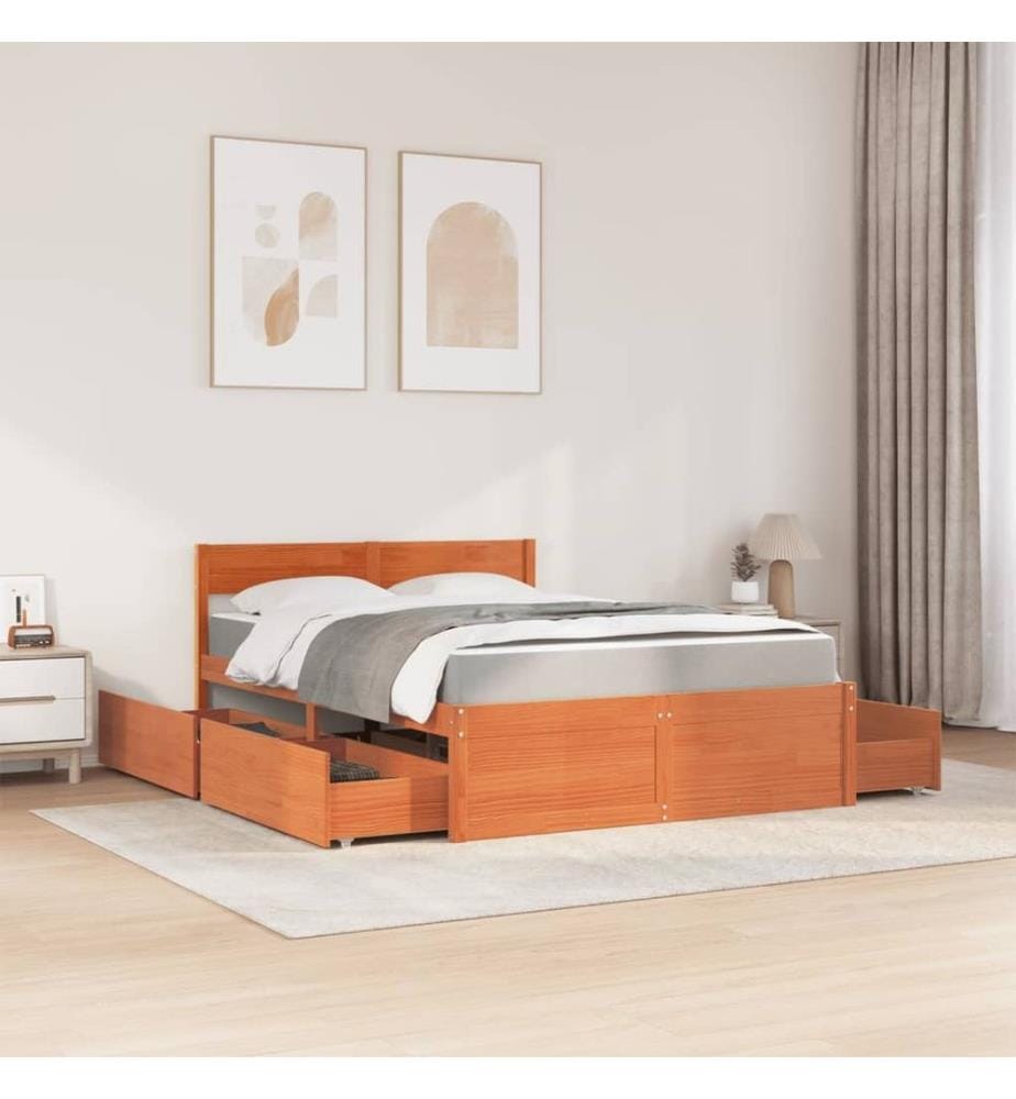 Lit avec tiroirs/matelas cire marron 140x190 cm bois massif pin