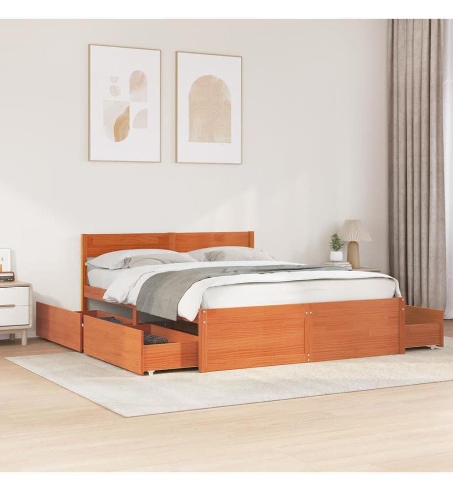Cadre de lit avec tiroirs cire marron 160x200cm bois massif pin