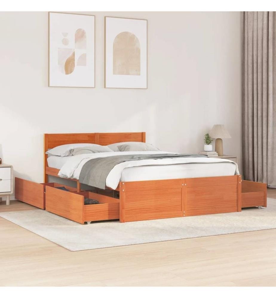 Cadre de lit avec tiroirs cire marron 140x190cm bois pin massif
