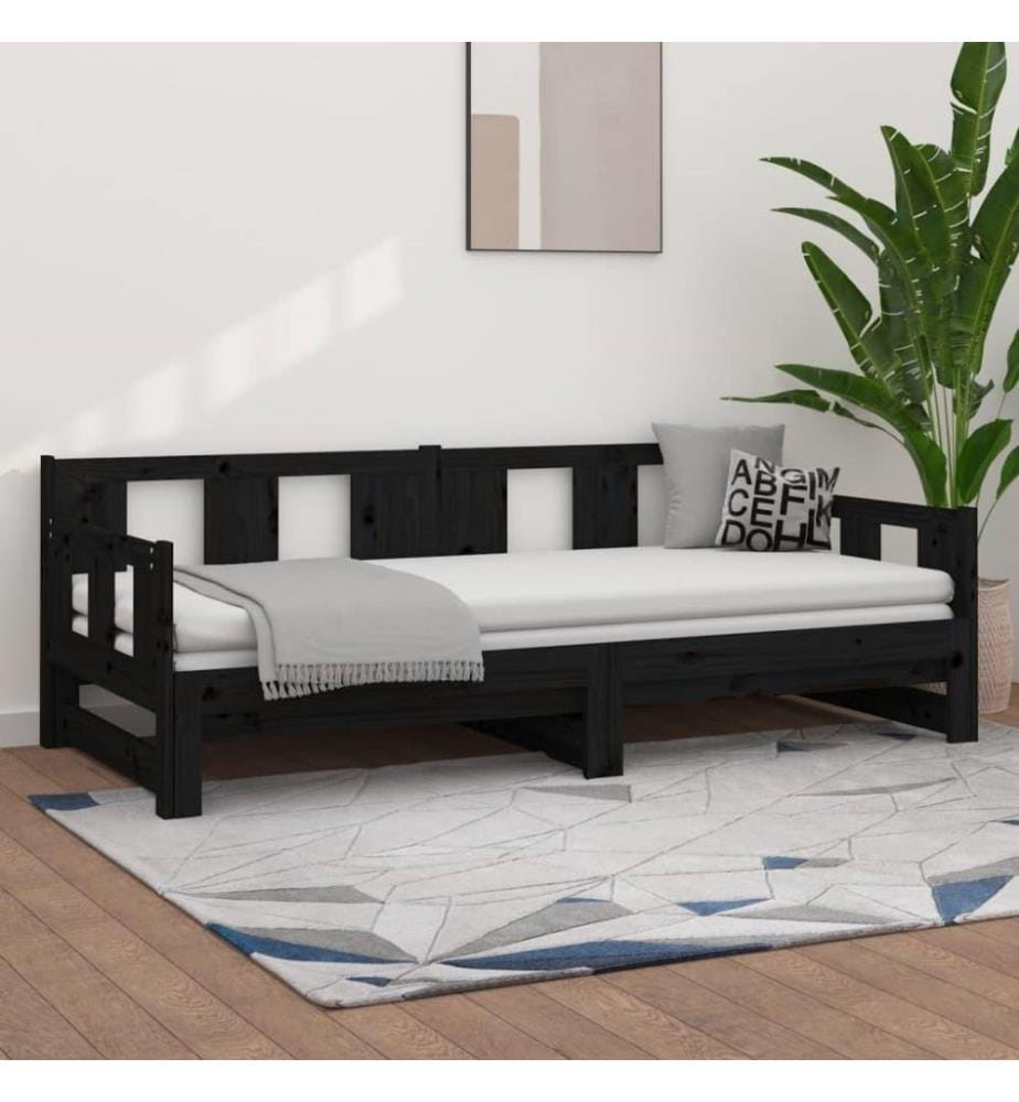 Lit coulissant Noir Bois de pin solide 2x(80x200) cm