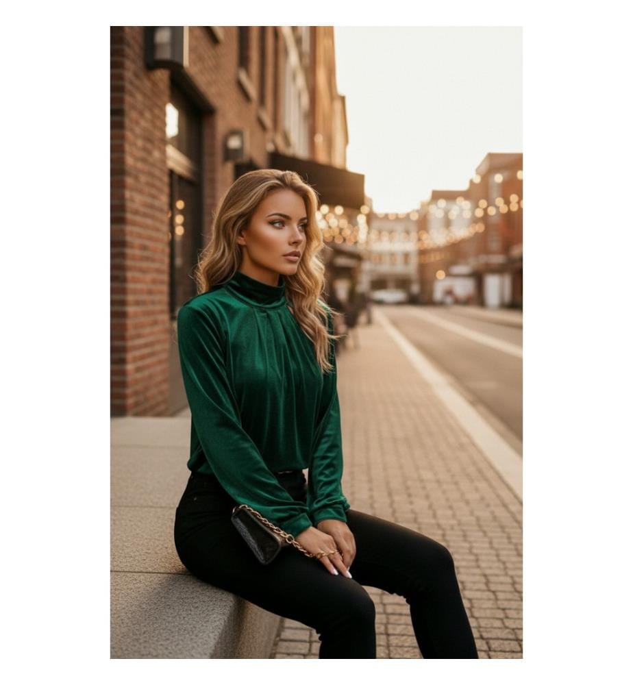 Langärmelige Velours-Bluse - grün