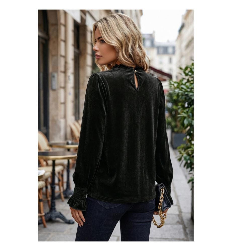 Velours-Bluse mit Rüschenkragen - Schwarz