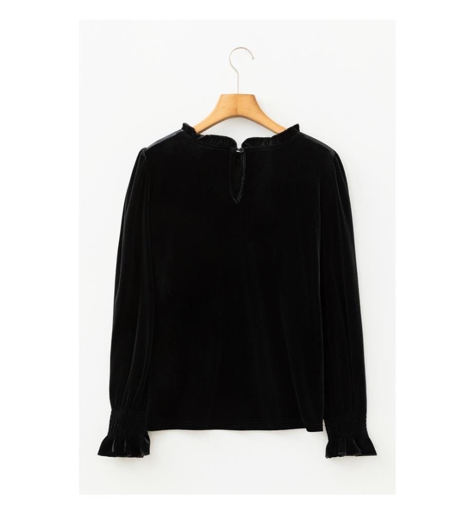 Velours-Bluse mit Rüschenkragen - Schwarz