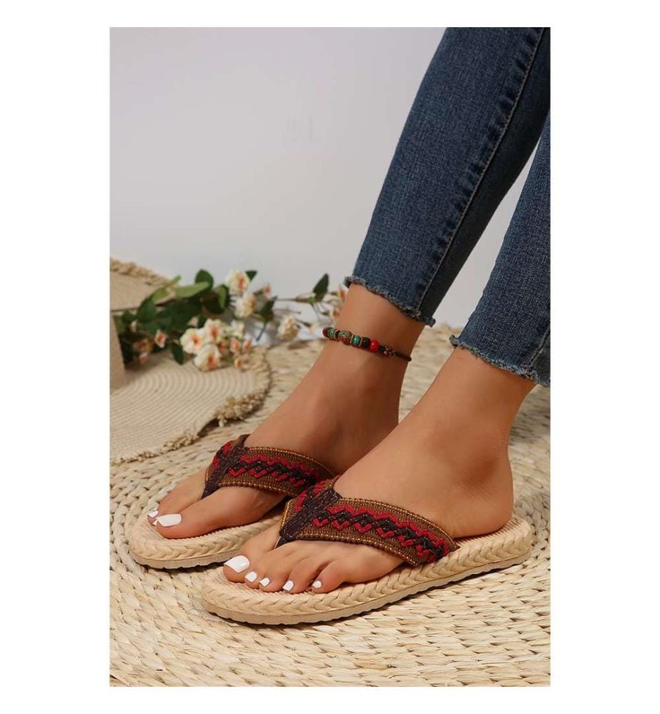 Flache Flip-Flops mit gewebtem Riemen – Rot