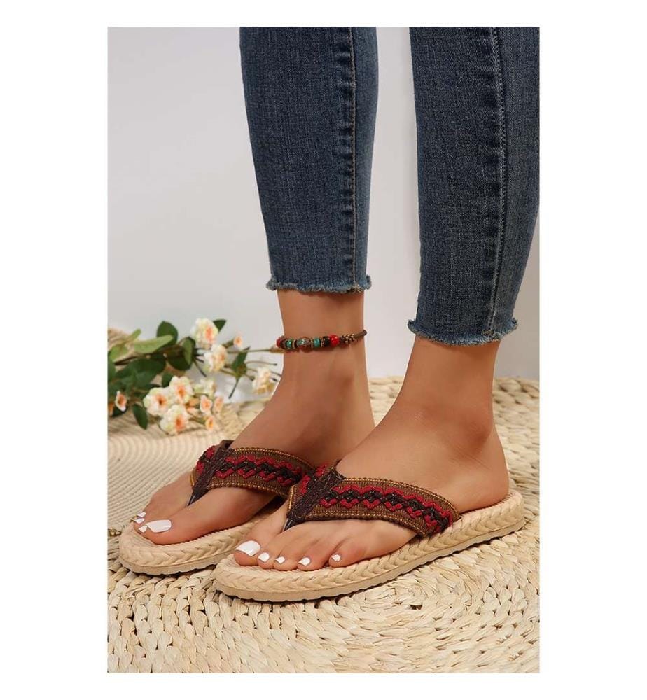 Flache Flip-Flops mit gewebtem Riemen – Rot