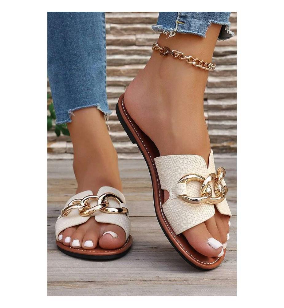 Flache Flip-Flops aus Kunstleder mit Metallakzent – Weiss