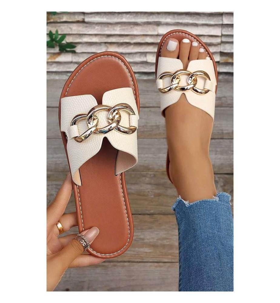 Flache Flip-Flops aus Kunstleder mit Metallakzent – Weiss