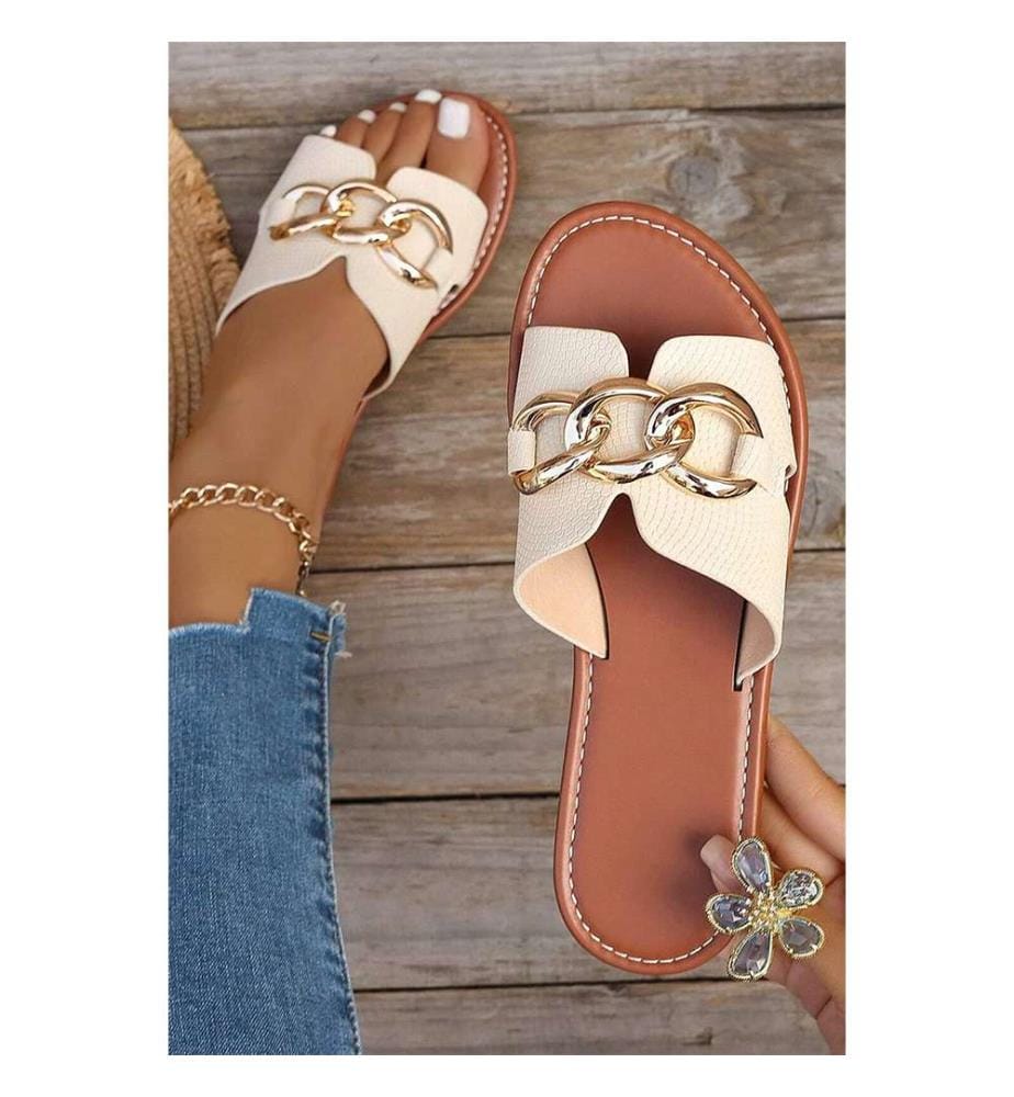 Flache Flip-Flops aus Kunstleder mit Metallakzent – Weiss
