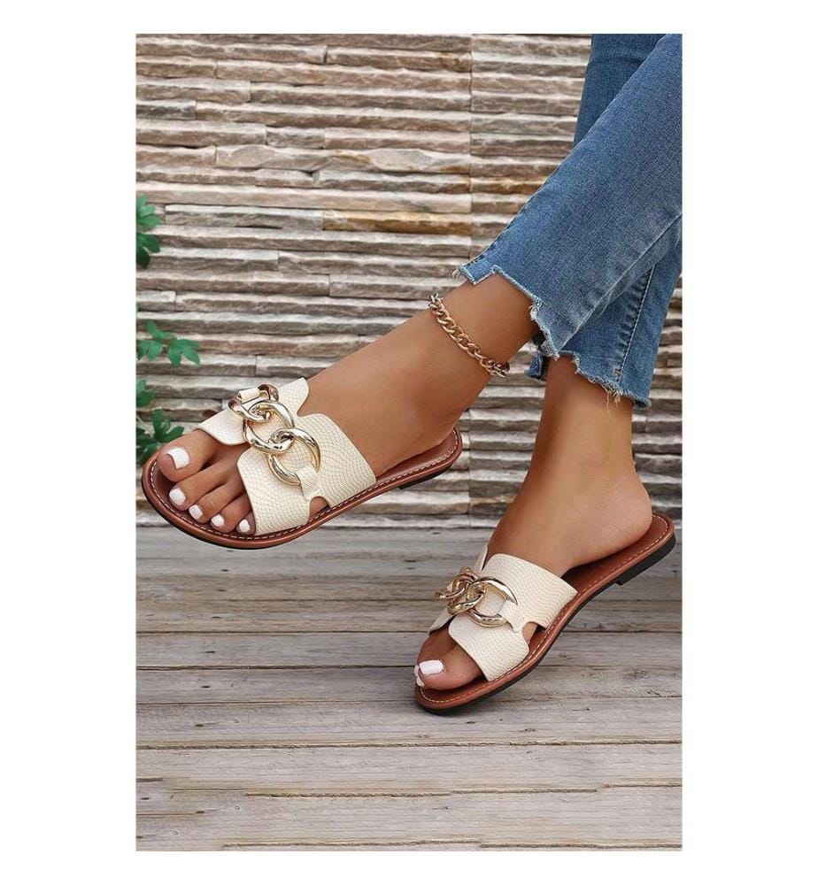 Flache Flip-Flops aus Kunstleder mit Metallakzent – Weiss