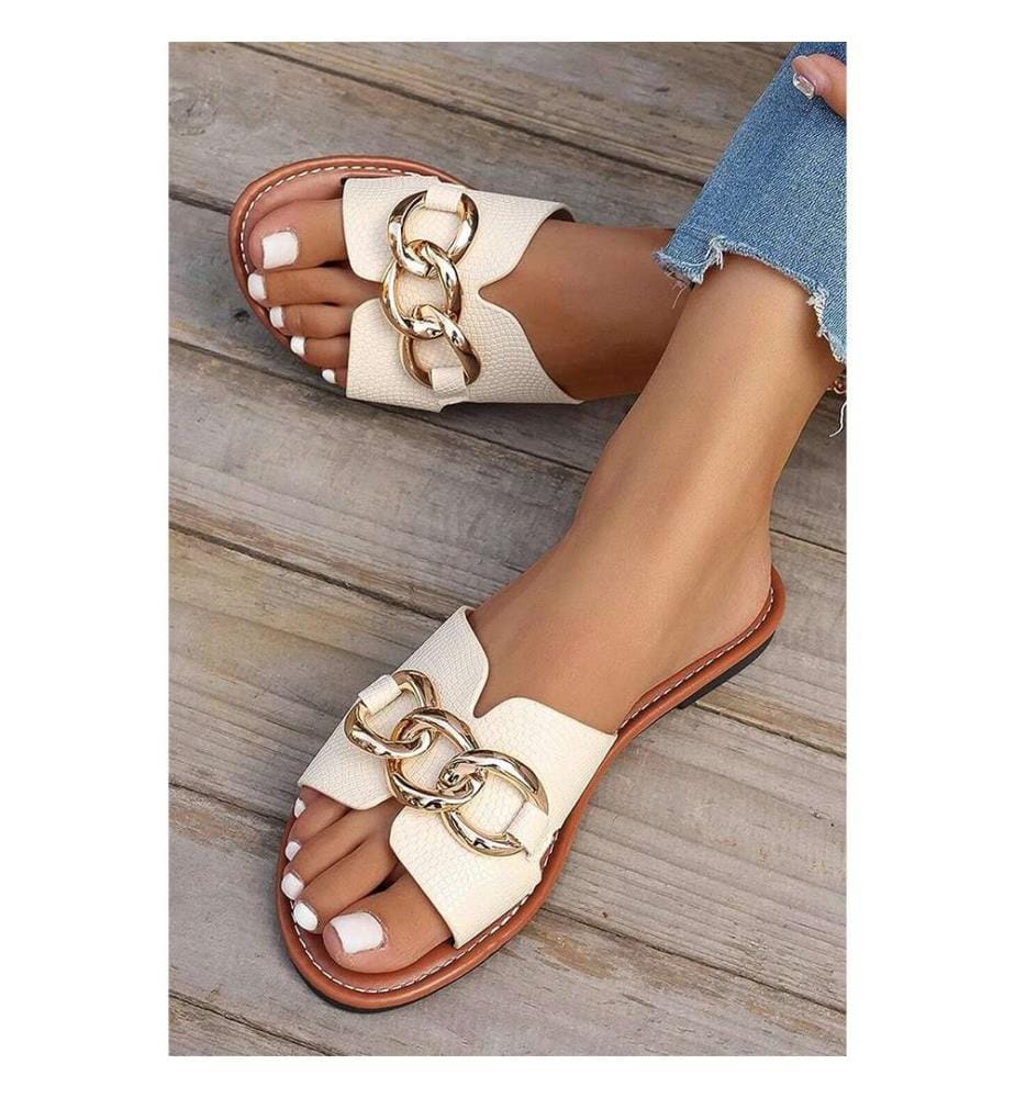 Flache Flip-Flops aus Kunstleder mit Metallakzent – Weiss