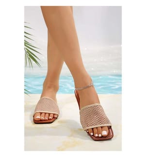 Flache Leinen-Zehenstegsandalen mit Schlaufe – Beige