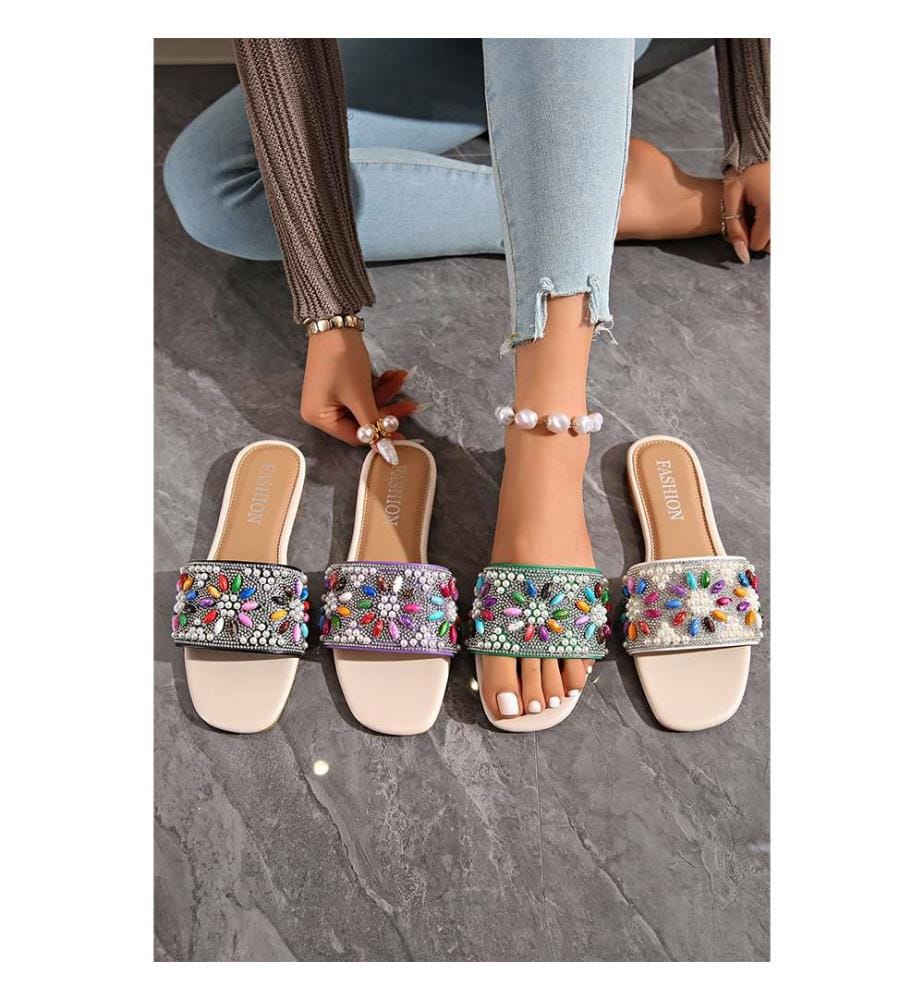 Strand-Flip-Flops mit Strasssteinen und Perlen – Weiss