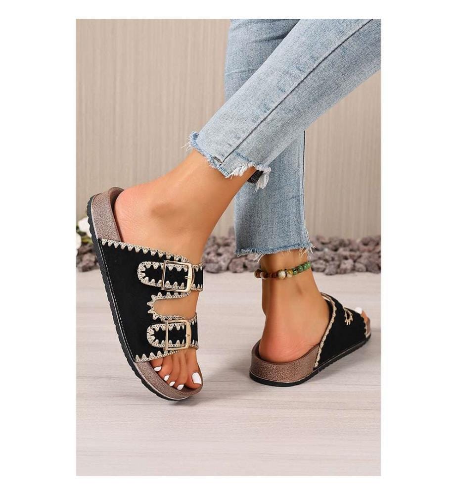 Retro-Sandalen aus besticktem Wildlederimitat – Schwarz