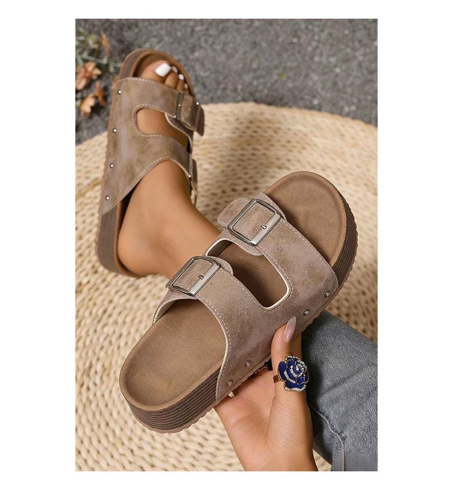 Mules plateforme rétro à double boucle - Gris