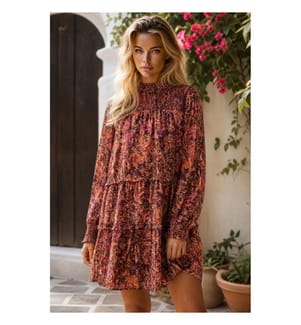 Lockeres kurzes Kleid mit langen Ärmeln und gerafftem Stehkragen mit rotem Blumendruck