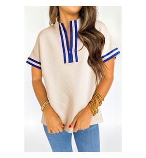 Haut à Manches Courtes à Imprimé Camouflage Beige Avec Bordure Rayée - Beige