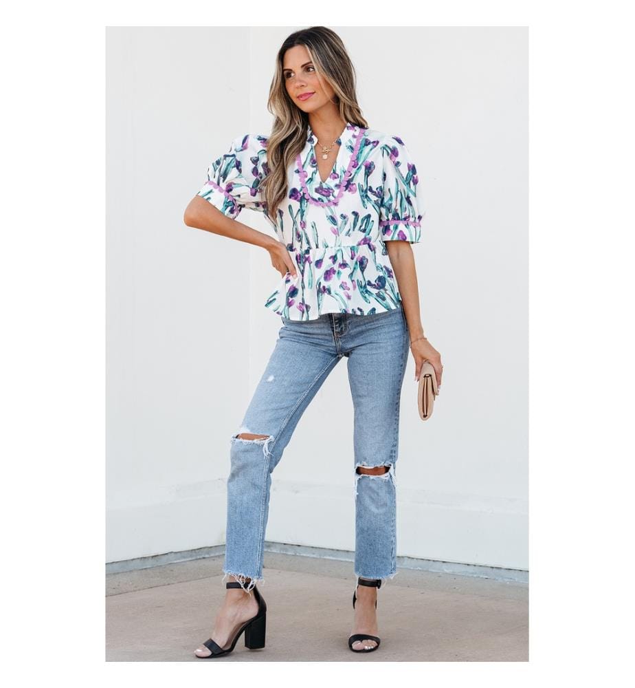 Purple Floral Ricrac Trim Half Sleeve Peplum Top - Pourpre