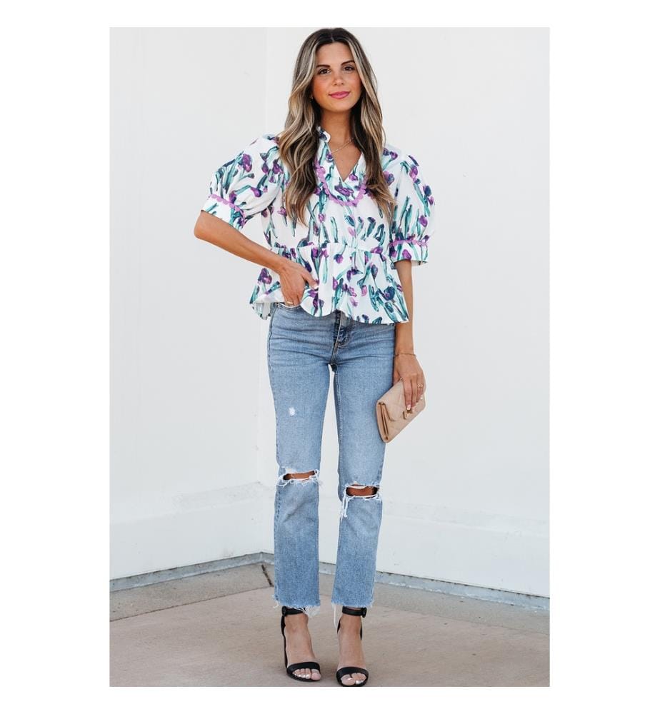 Purple Floral Ricrac Trim Half Sleeve Peplum Top - Pourpre
