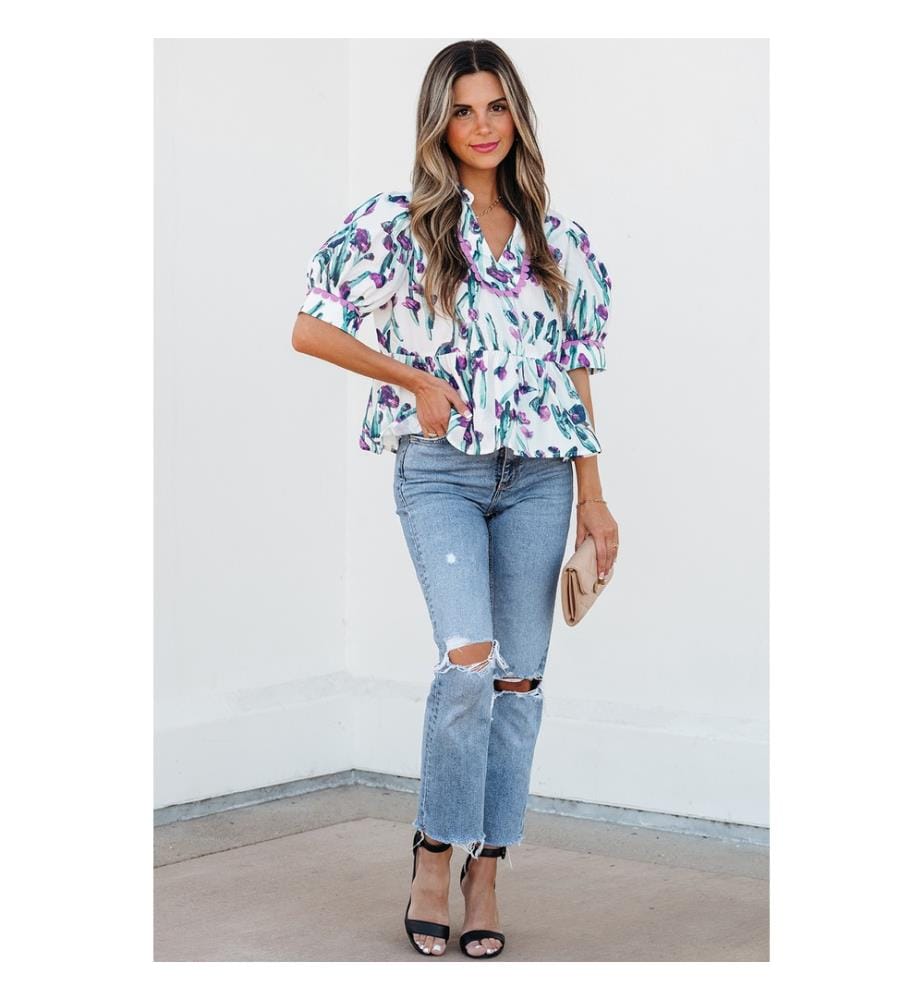 Purple Floral Ricrac Trim Half Sleeve Peplum Top - Pourpre
