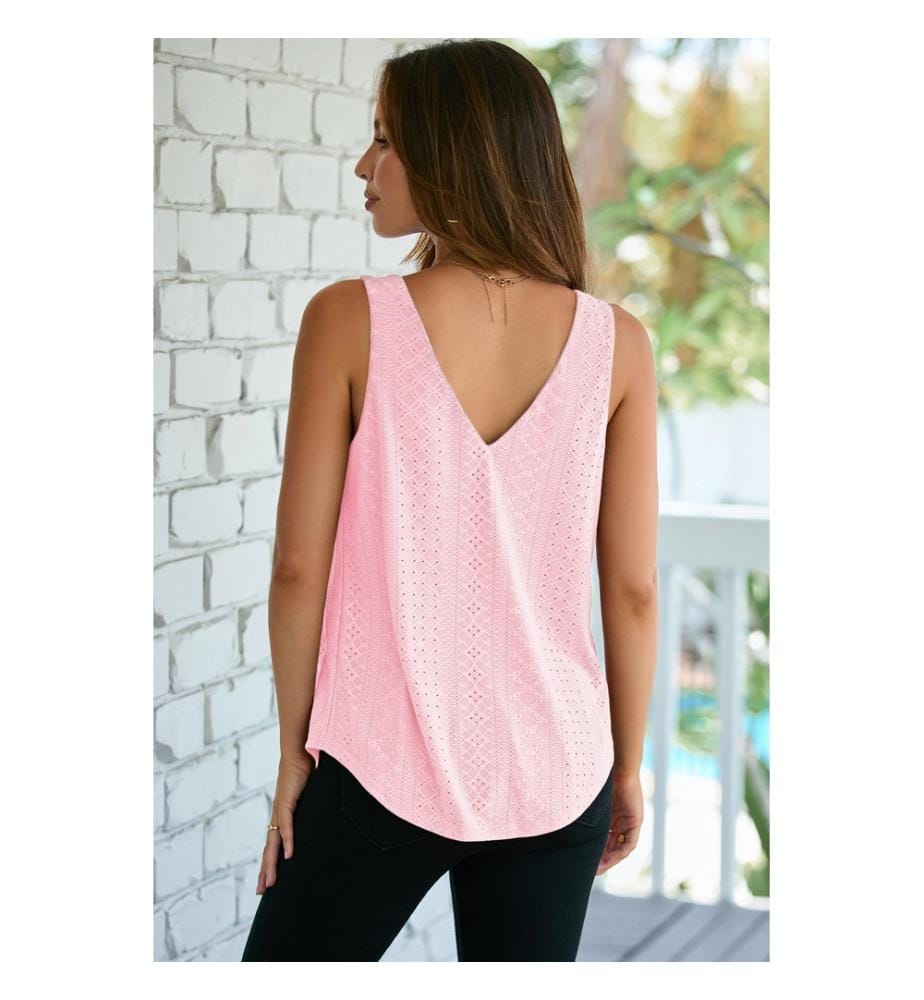 Débardeur ample à col en V et motif en maille rose à oeillets