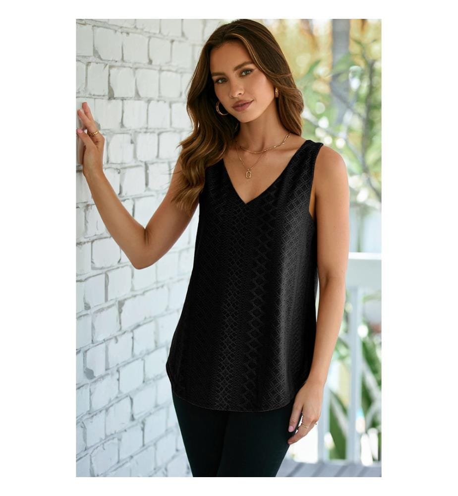 Débardeur ample à col en V et motif en maille noire à oeillets