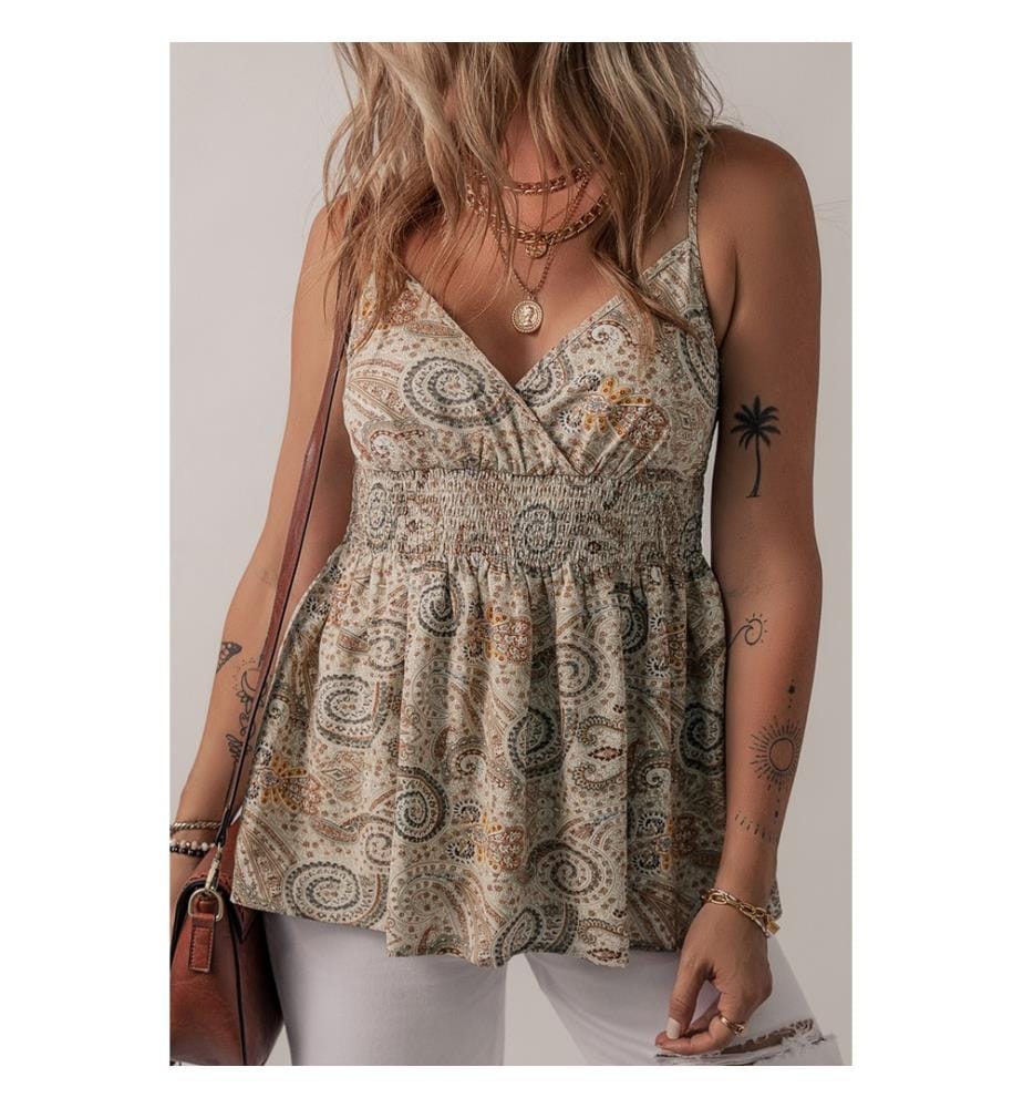 Débardeur babydoll à bretelles fines et col en V à imprimé cachemire kaki