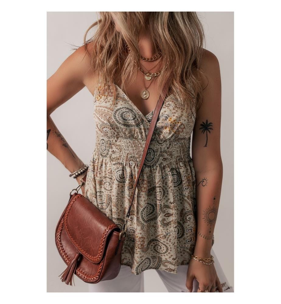 Débardeur babydoll à bretelles fines et col en V à imprimé cachemire kaki