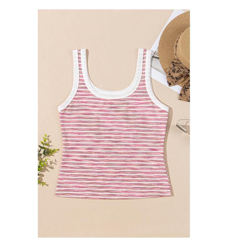 Débardeur en tricot teint en fil à rayures roses et bordures contrastées