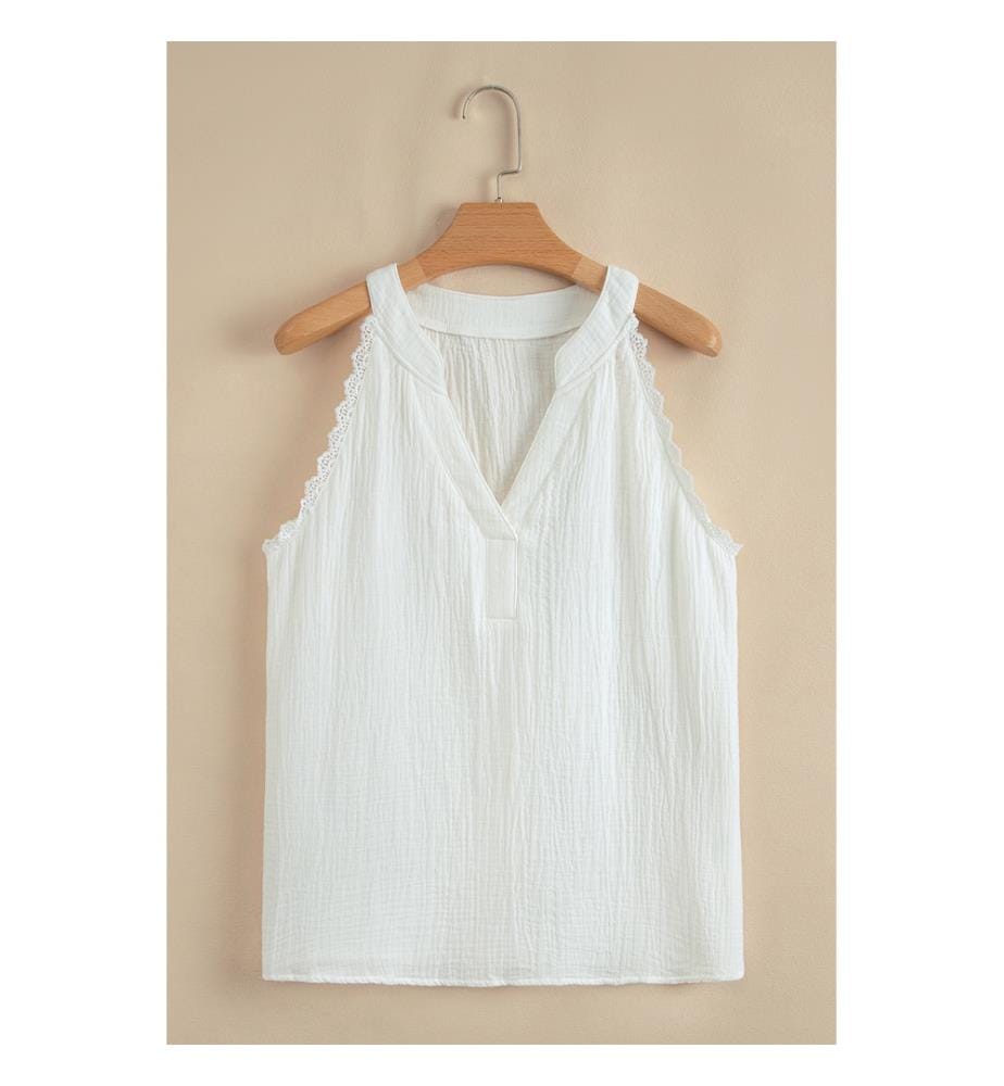 Haut sans manches en pur coton blanc avec bordure en dentelle texturée