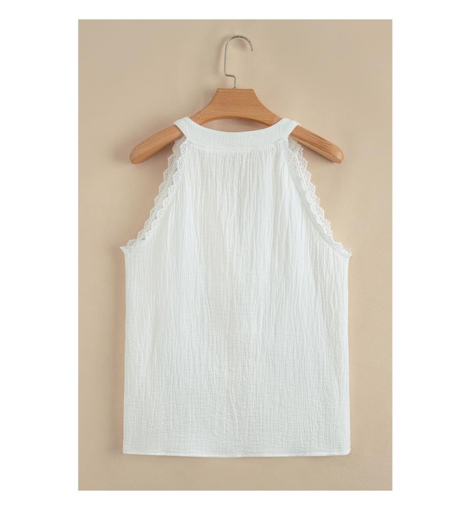 Haut sans manches en pur coton blanc avec bordure en dentelle texturée