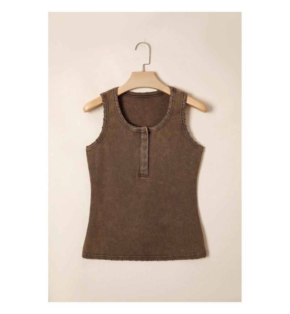 Geripptes Tanktop im Vintage-Look mit Used-Effekt, kaffeebraun, mineralölverwaschen