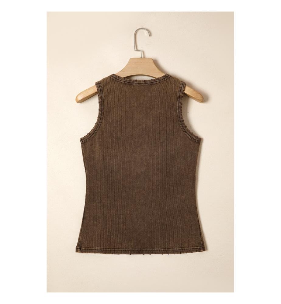 Geripptes Tanktop im Vintage-Look mit Used-Effekt, kaffeebraun, mineralölverwaschen